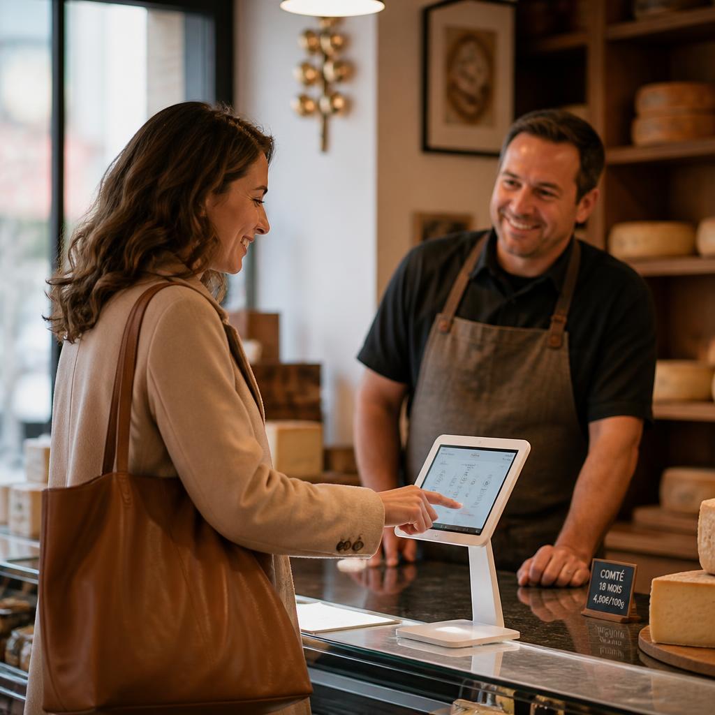 Commerçant fromager encaissant une cliente fidèle dans sa boutique